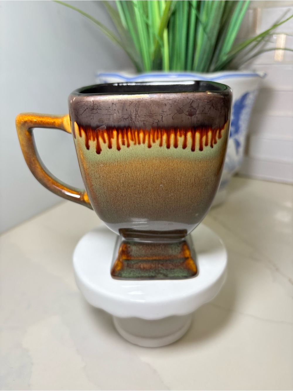 2007 CA Pantry Classic Ceramics Square Footed Mug Earthy Brown Green Drip Glaze